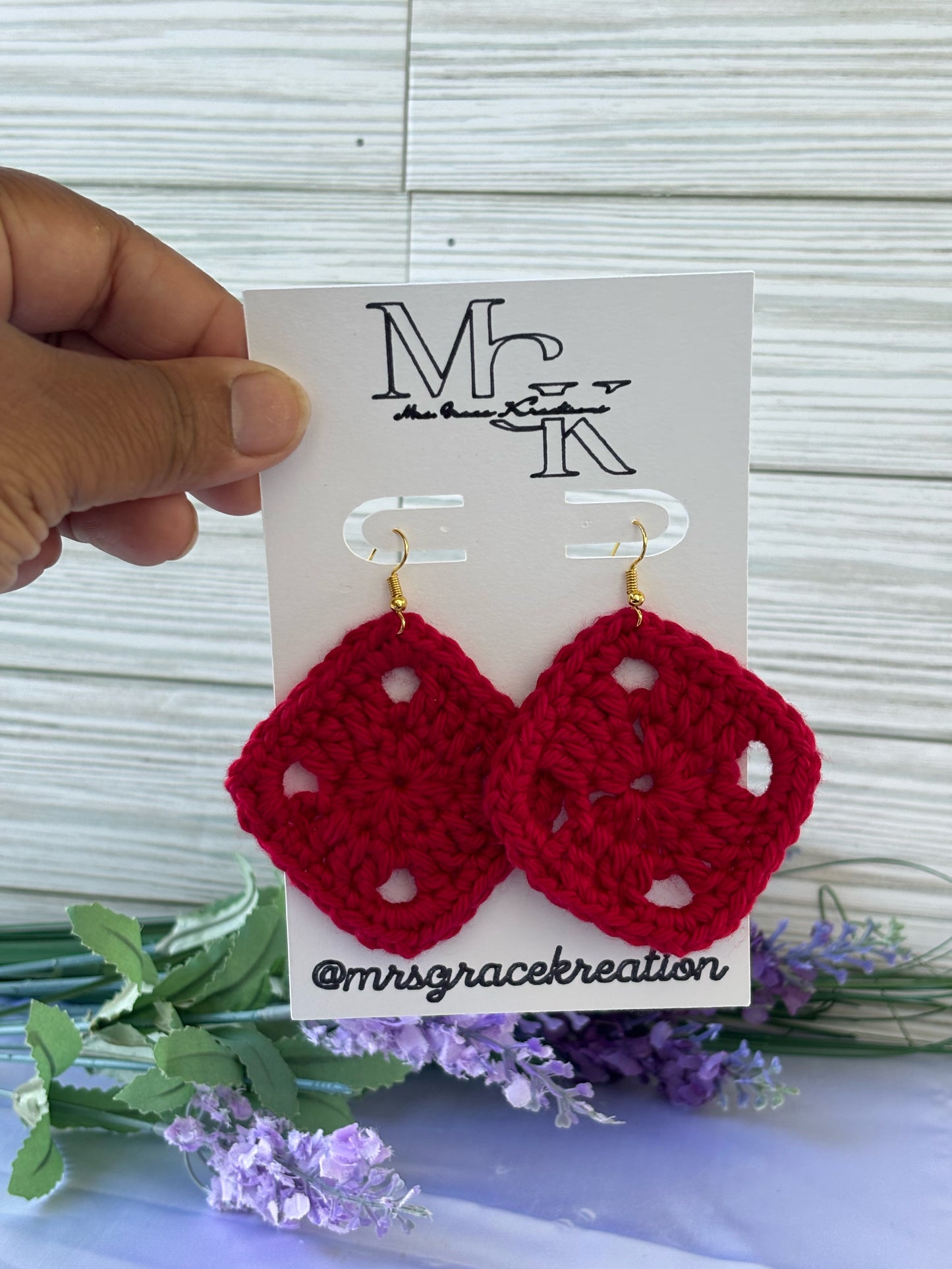 Red Crochet Diamond Earrings